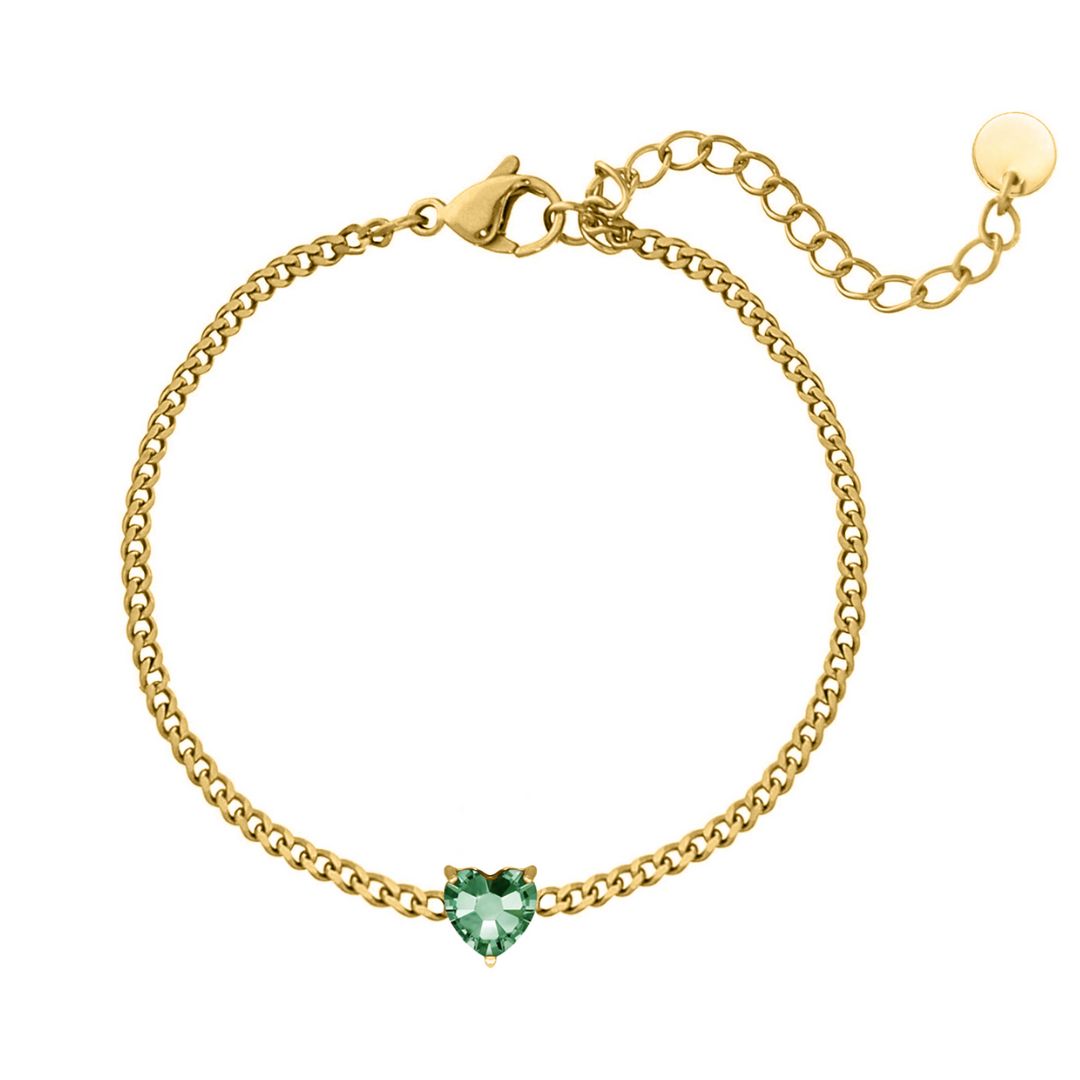 Gold heart birthstone bracelet with green gemstone