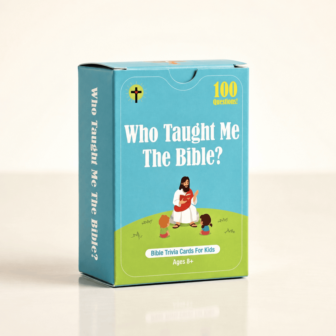 Blue storage box packaging for the kids Bible trivia card game