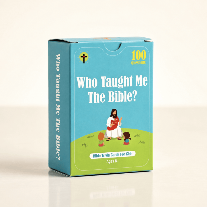 Blue storage box packaging for the kids Bible trivia card game