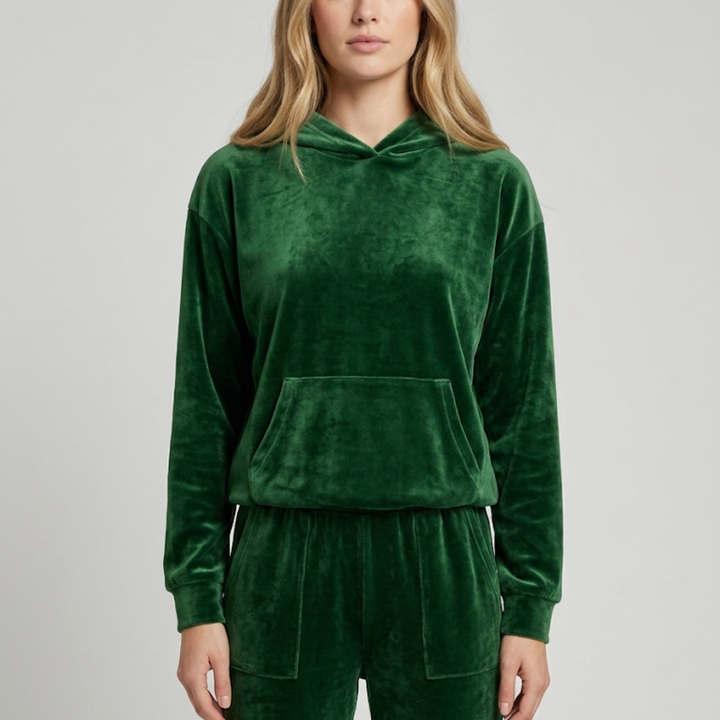 Women's hooded tracksuit sweatshirt showing adjustable drawstring detail