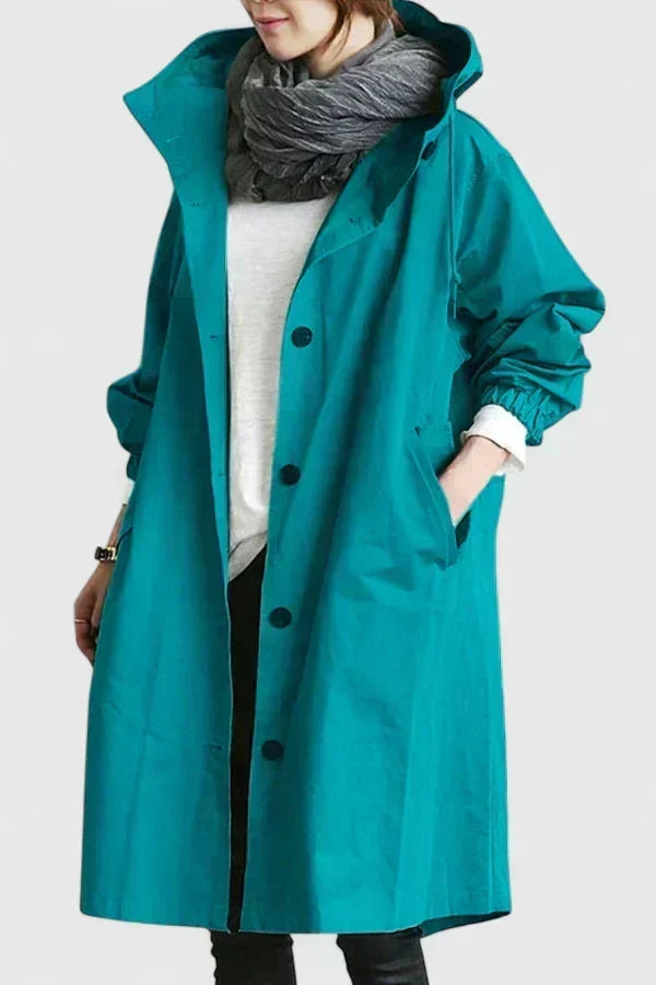Waterproof jacket sleeve cuff detail on womens oversized hooded raincoat