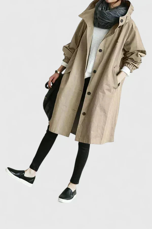 Close up of fabric on womens hooded raincoat showing waterproof material