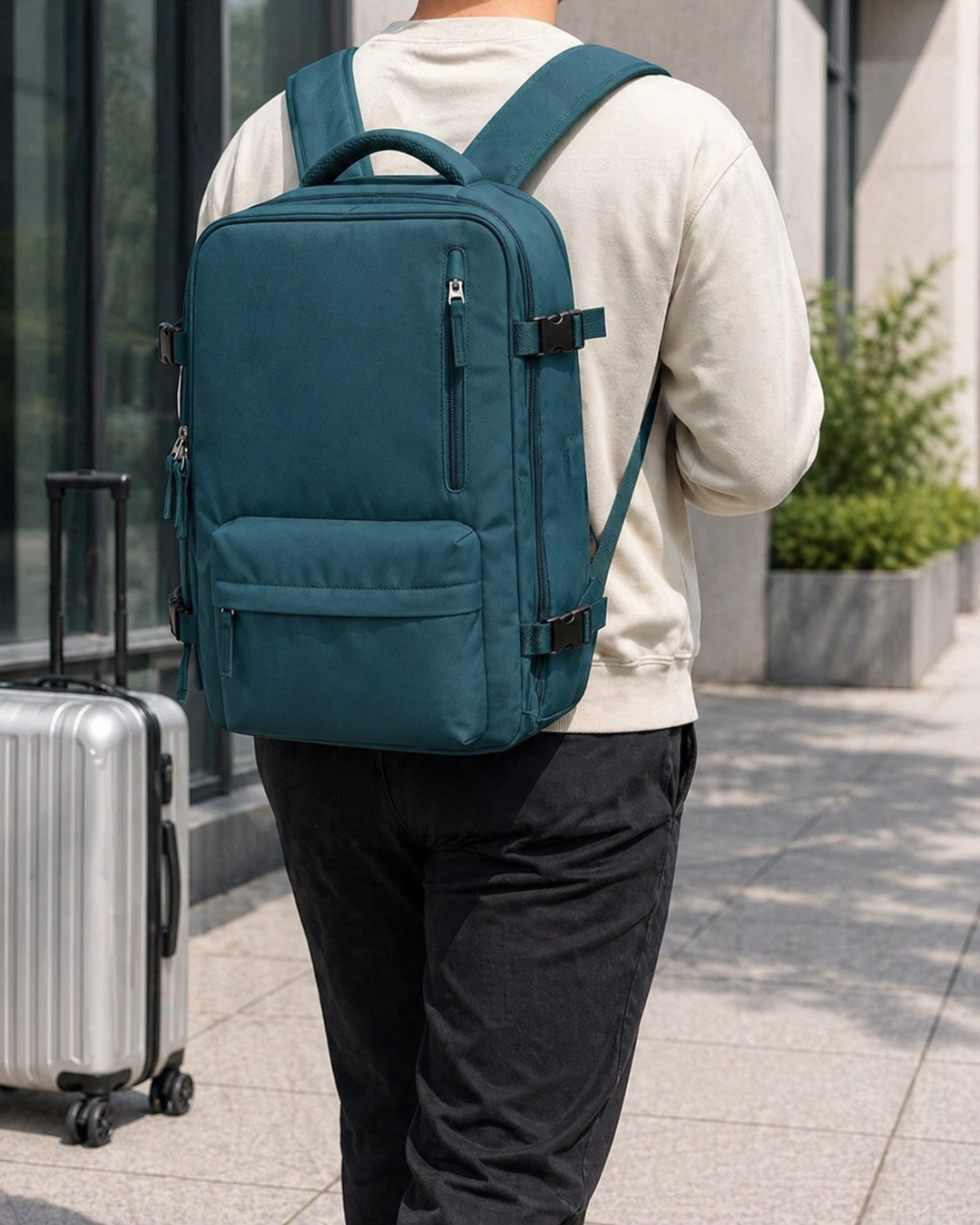 Man wearing a dark green travel backpack near a building