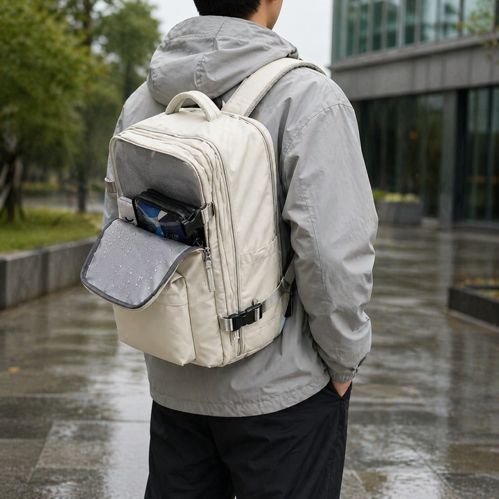 Man wearing a beige waterproof travel backpack outdoors