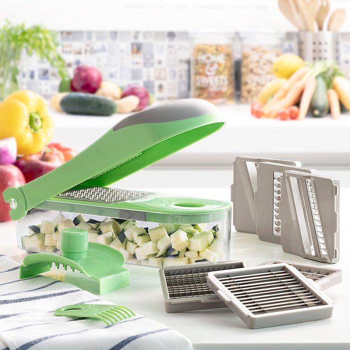 MultiChop vegetable chopper unit with multiple interchangeable cutting blades and accessories