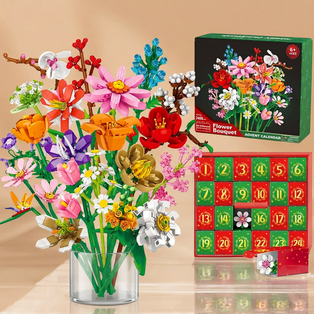 Childrens holiday gift building block set assembled into flowers