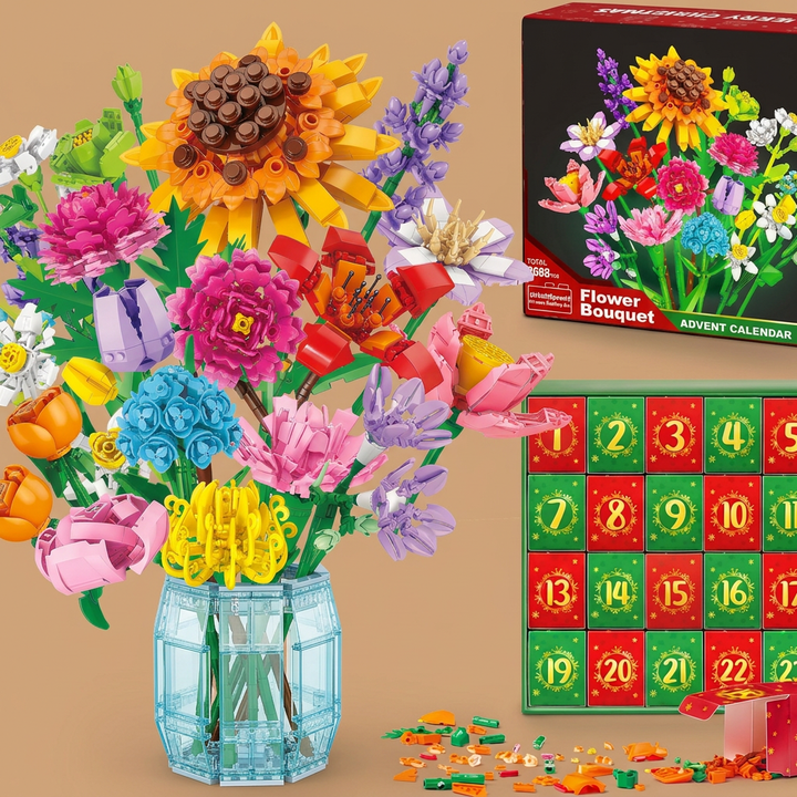 Close up of colorful building block flower bouquet educational toy parts