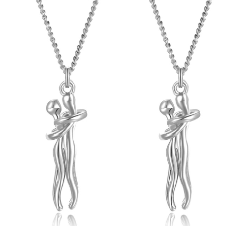 Unisex silver necklace featuring a symbolic hugging couple design