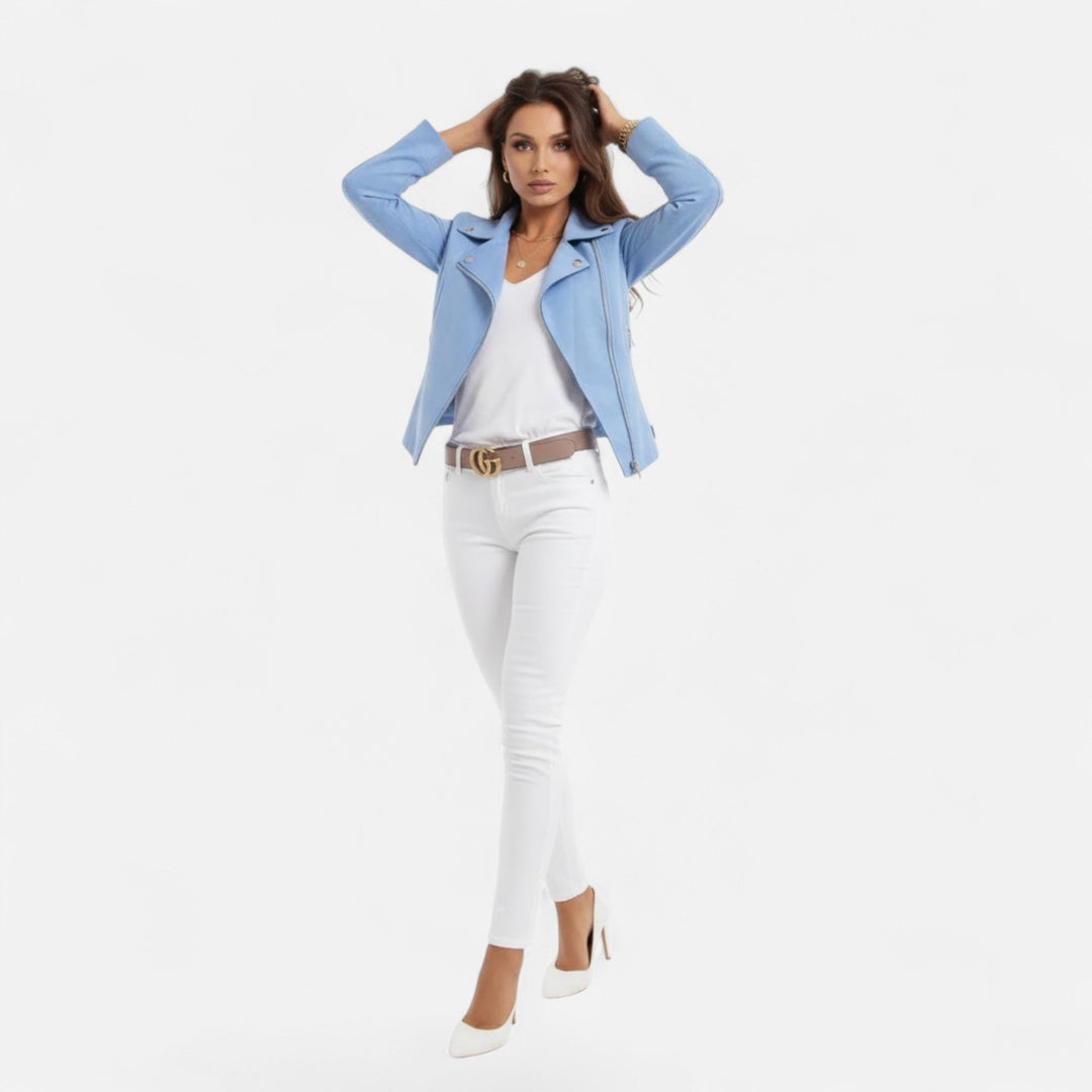 Waistband hem detail on slim fit women's moto jacket