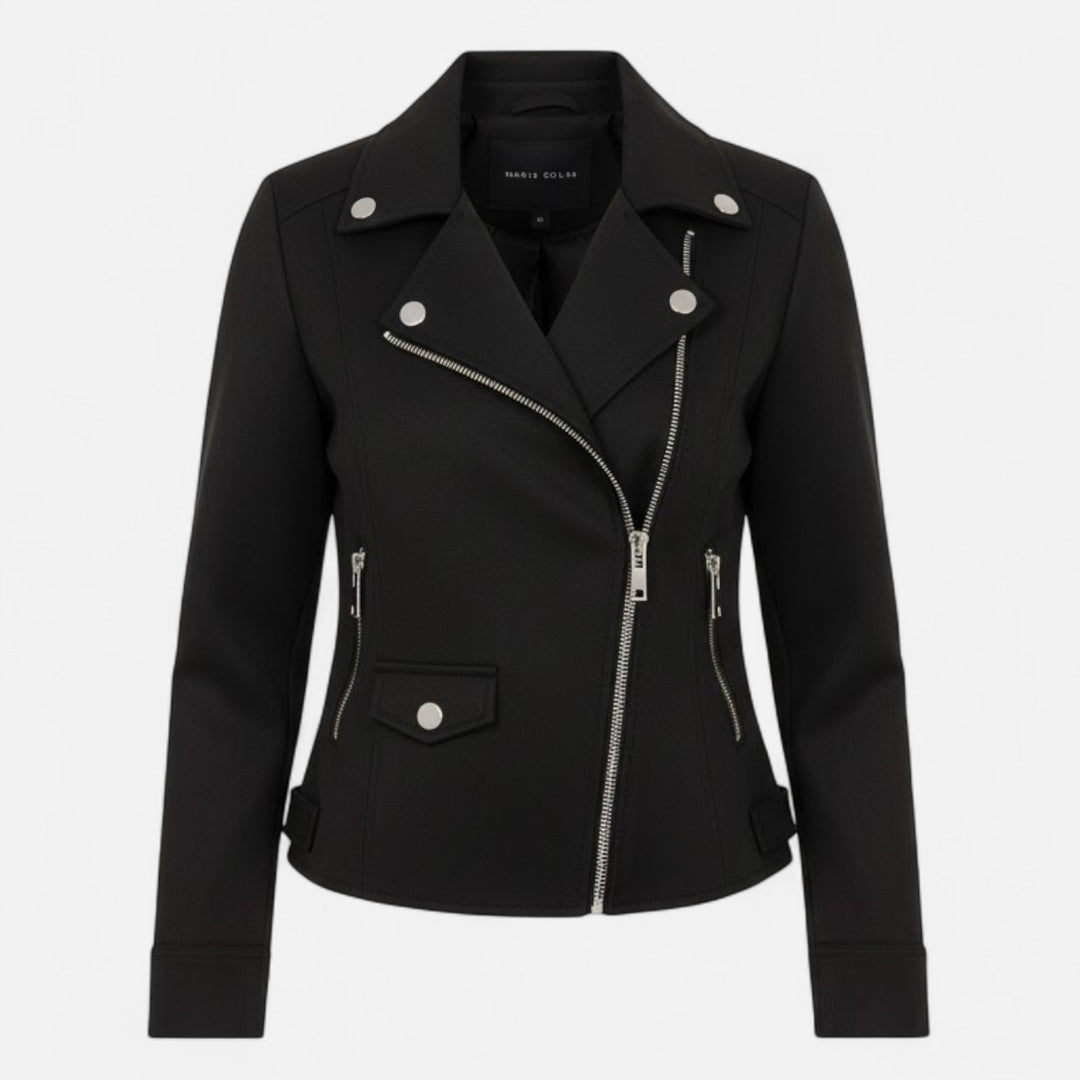 Women's slim fit biker moto zip-up jacket in classic black