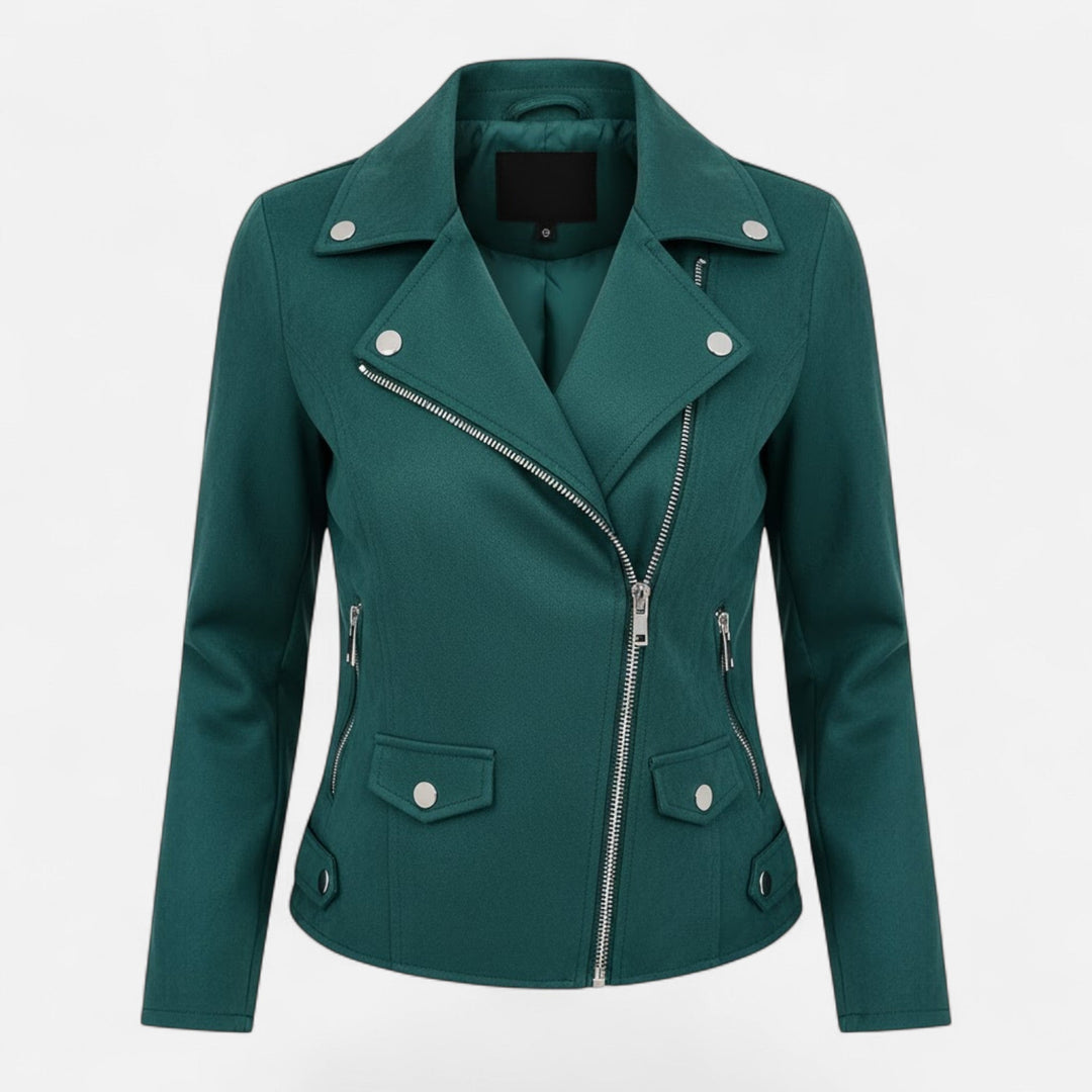 Back view of stylish womens biker jacket with tailored seams