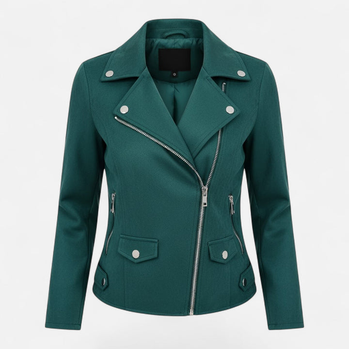 Back view of stylish womens biker jacket with tailored seams