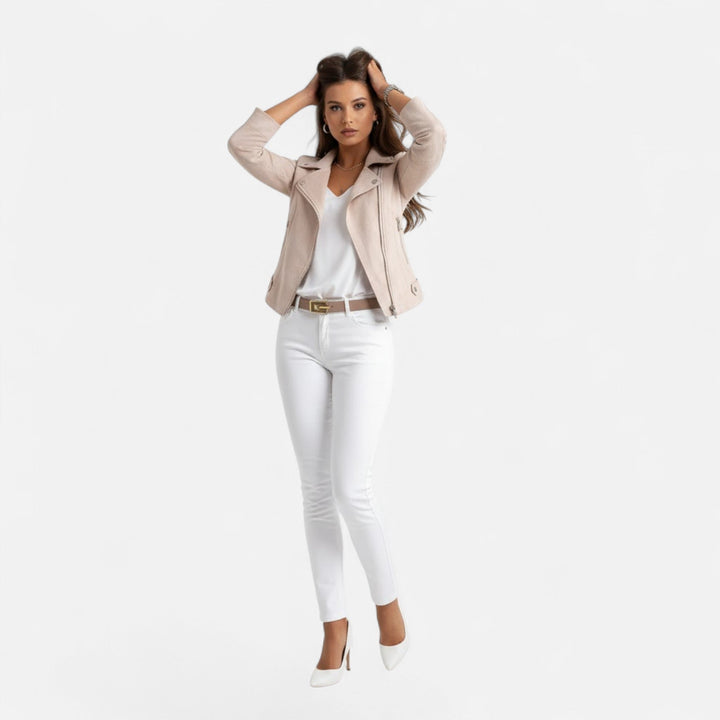 Full length view of model wearing apricot moto jacket