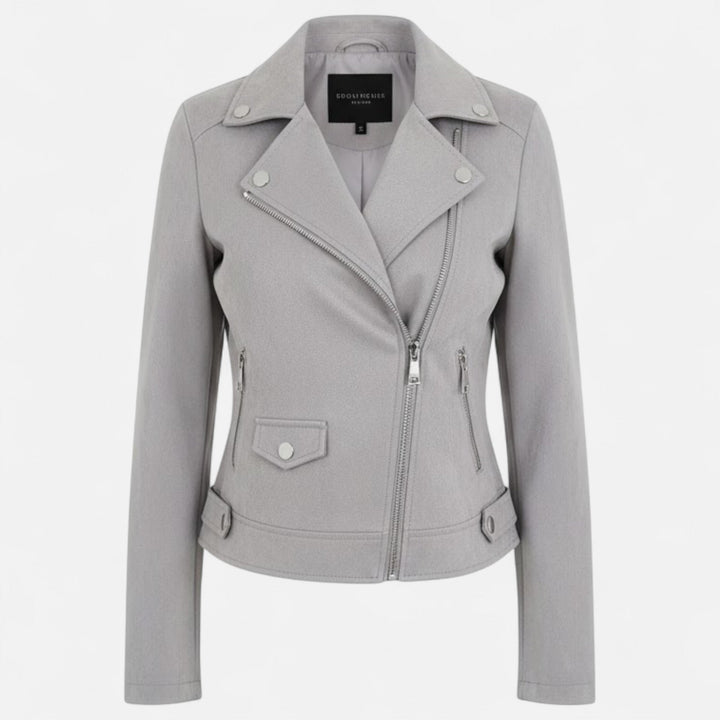 Full length styling shot of women's streetwear biker jacket