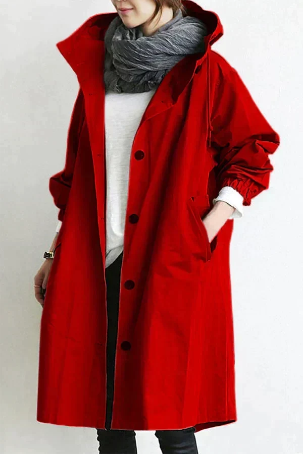 Back view of women's water-resistant coat with adjustable hood