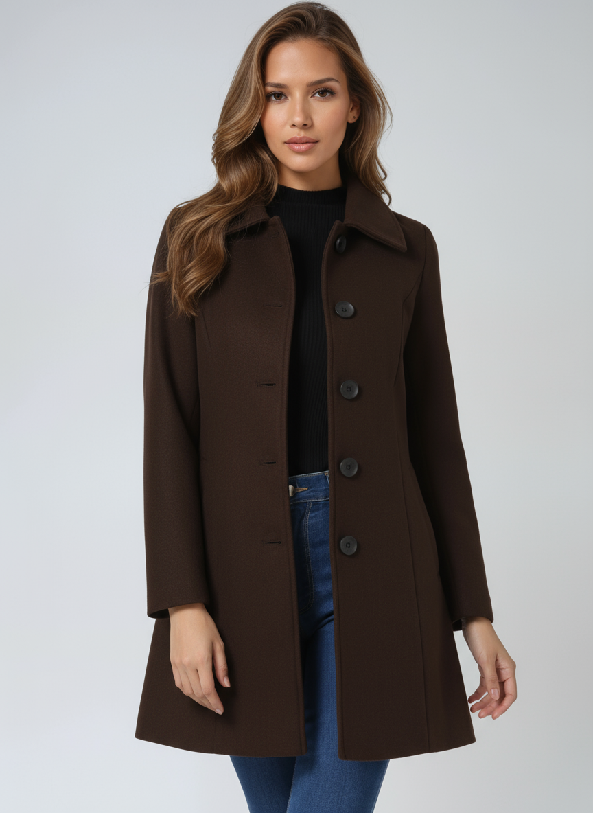 Back view of tailored winter coat with structured waistline
