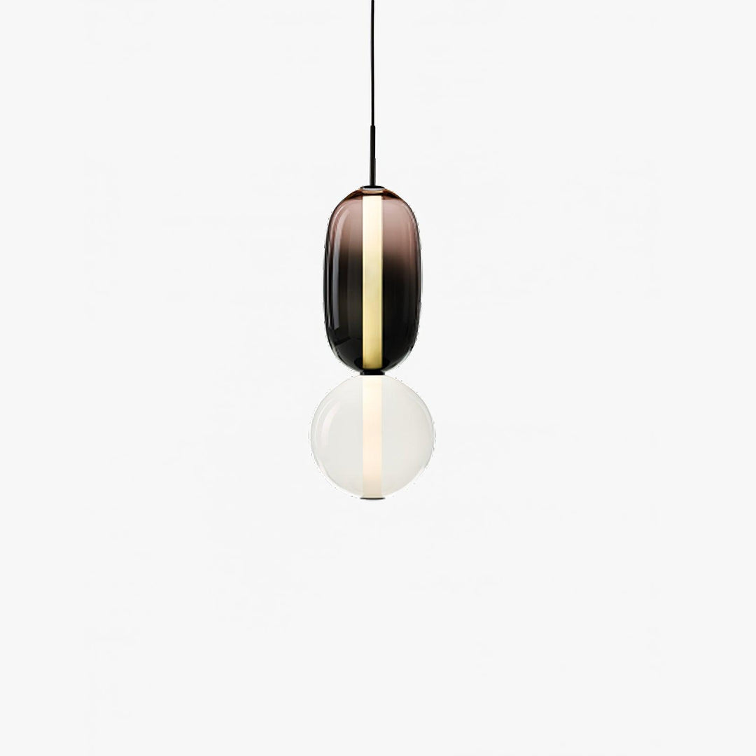 Close-up of the modern colorful glass pendant light hanging against a white background