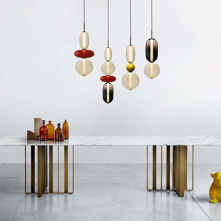 Modern colorful glass pendant light viewed from a low angle showcasing its design