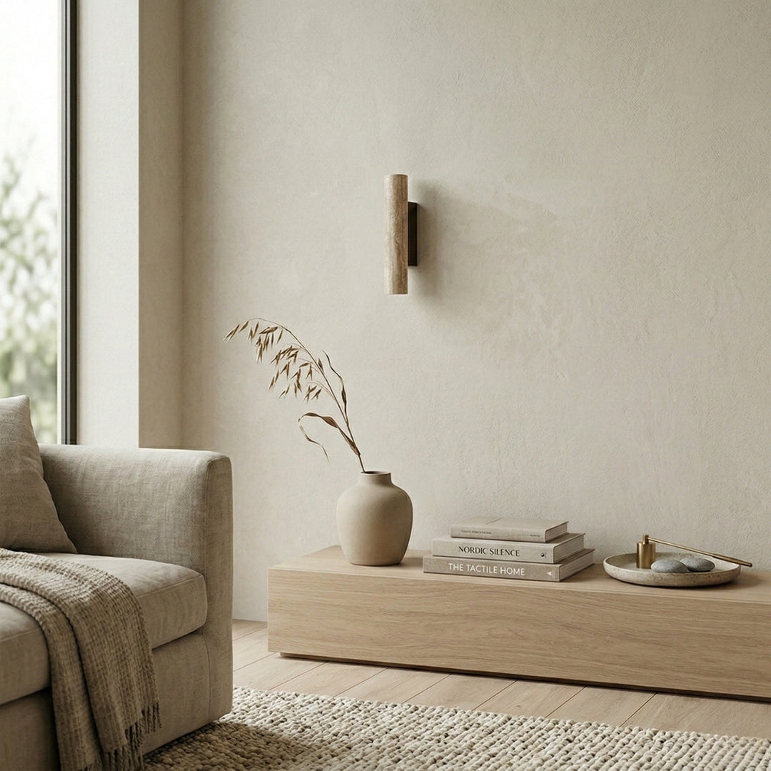 Minimalist natural travertine vertical cylinder wall lamp lighting beige stone sconce for bedroom and hallway