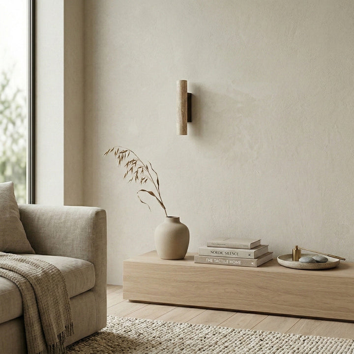 Minimalist natural travertine vertical cylinder wall lamp lighting beige stone sconce for bedroom and hallway
