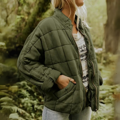 Collar and neckline detail of a warm quilted winter outerwear piece