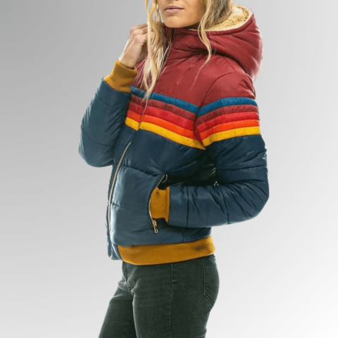 Retro rainbow stripe puffer jacket for women with warm hood and casual winter coat design