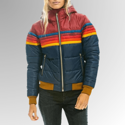 Close-up of colorful striped winter outerwear showing cozy padded retro fashion puffer jacket