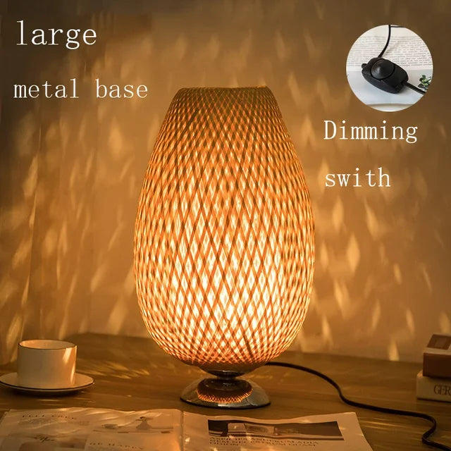 Ambient bedroom lighting provided by woven bamboo lamp