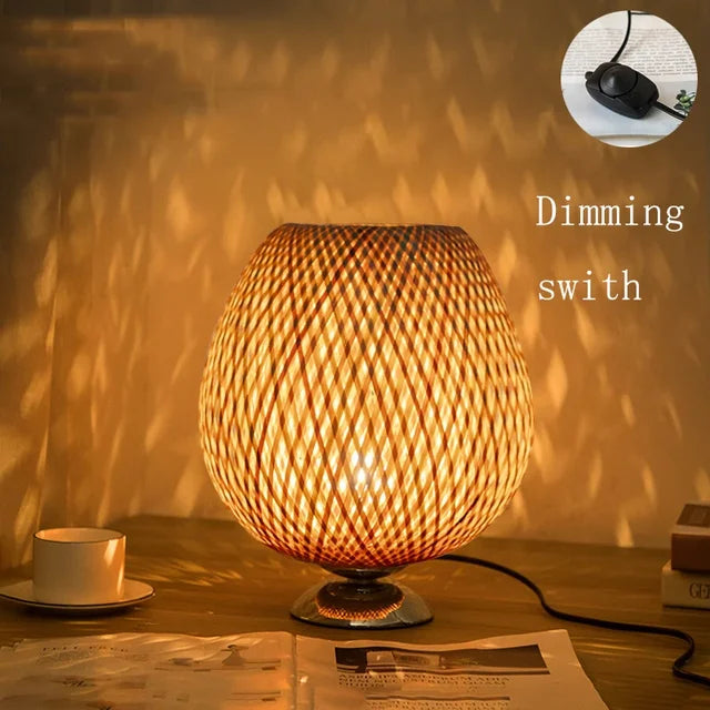 Close up of intricate woven bamboo pattern on table lamp