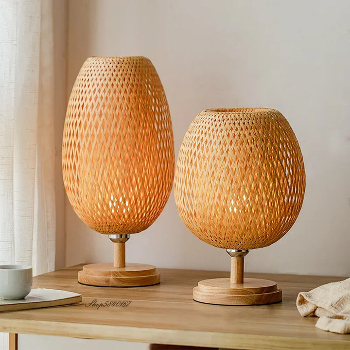 Boho chic woven bamboo accent table lamp casting warm light