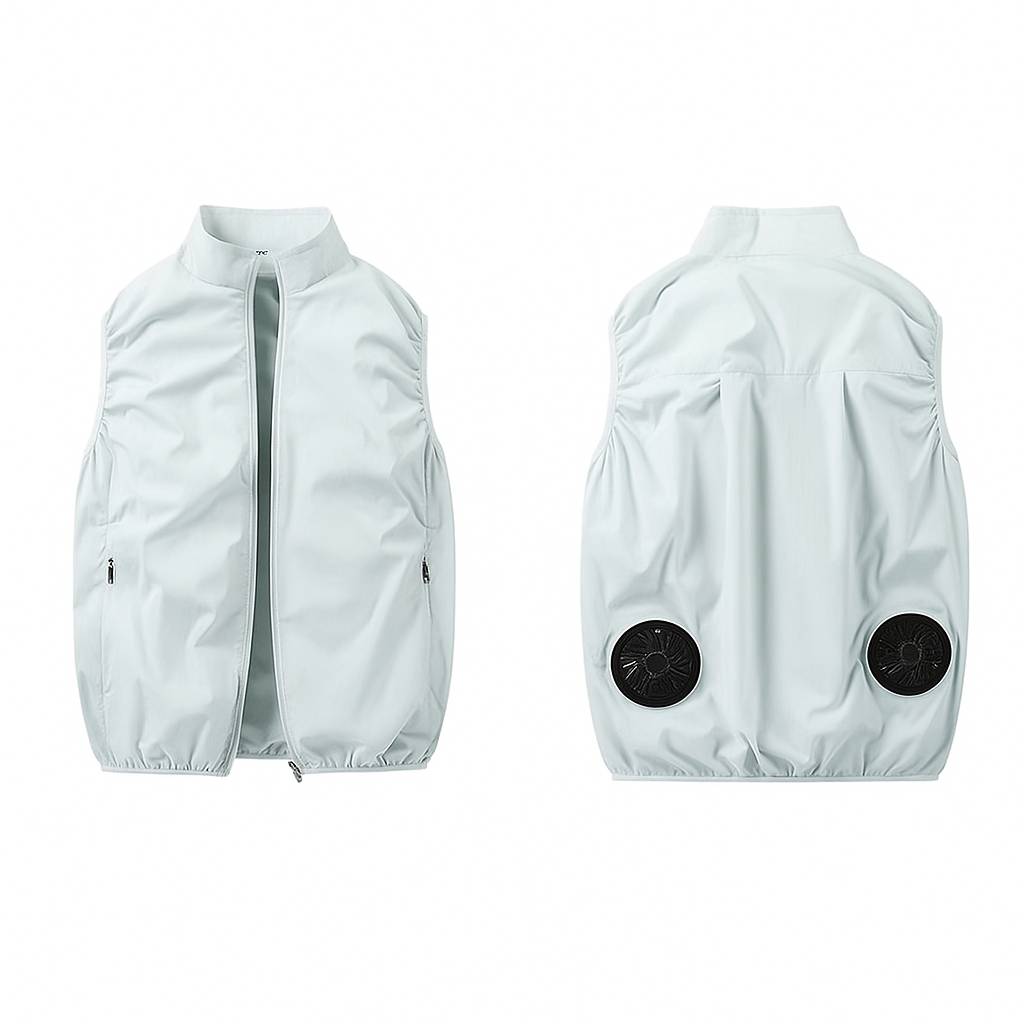 White cooling vest front and back view showing built-in fans