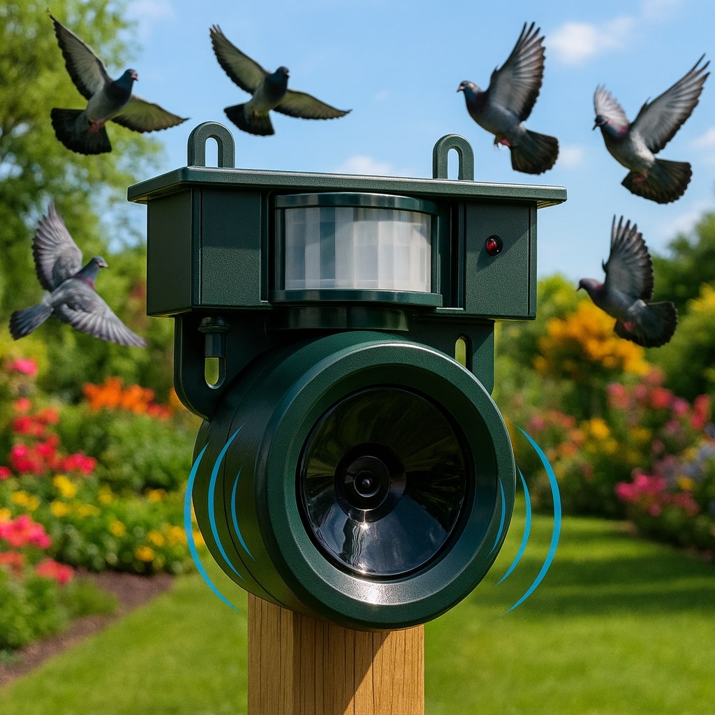 Solar powered bird repeller mounted on a wooden post in a garden with flying pigeons