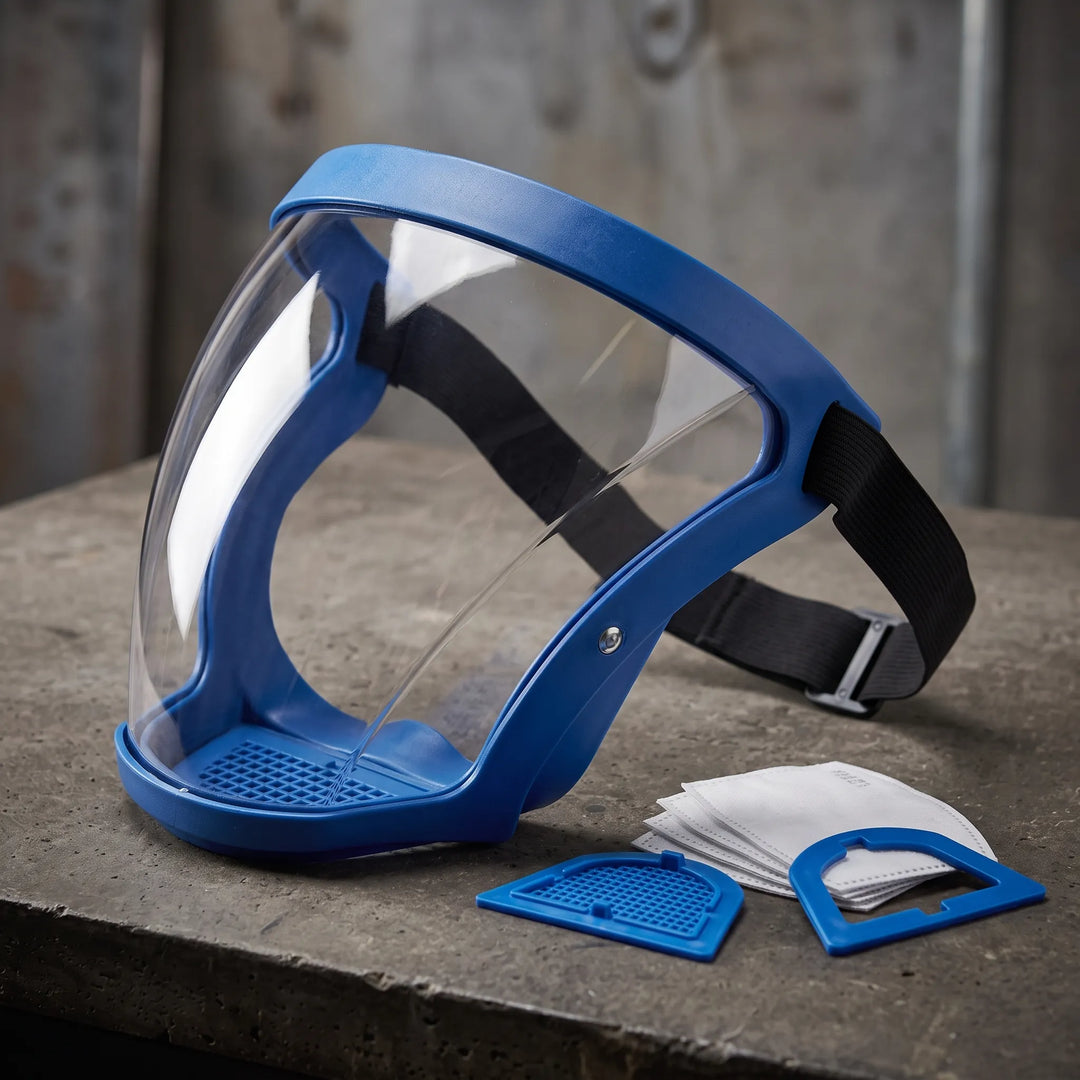 Workwear protective mask featuring a wide-angle clear visor