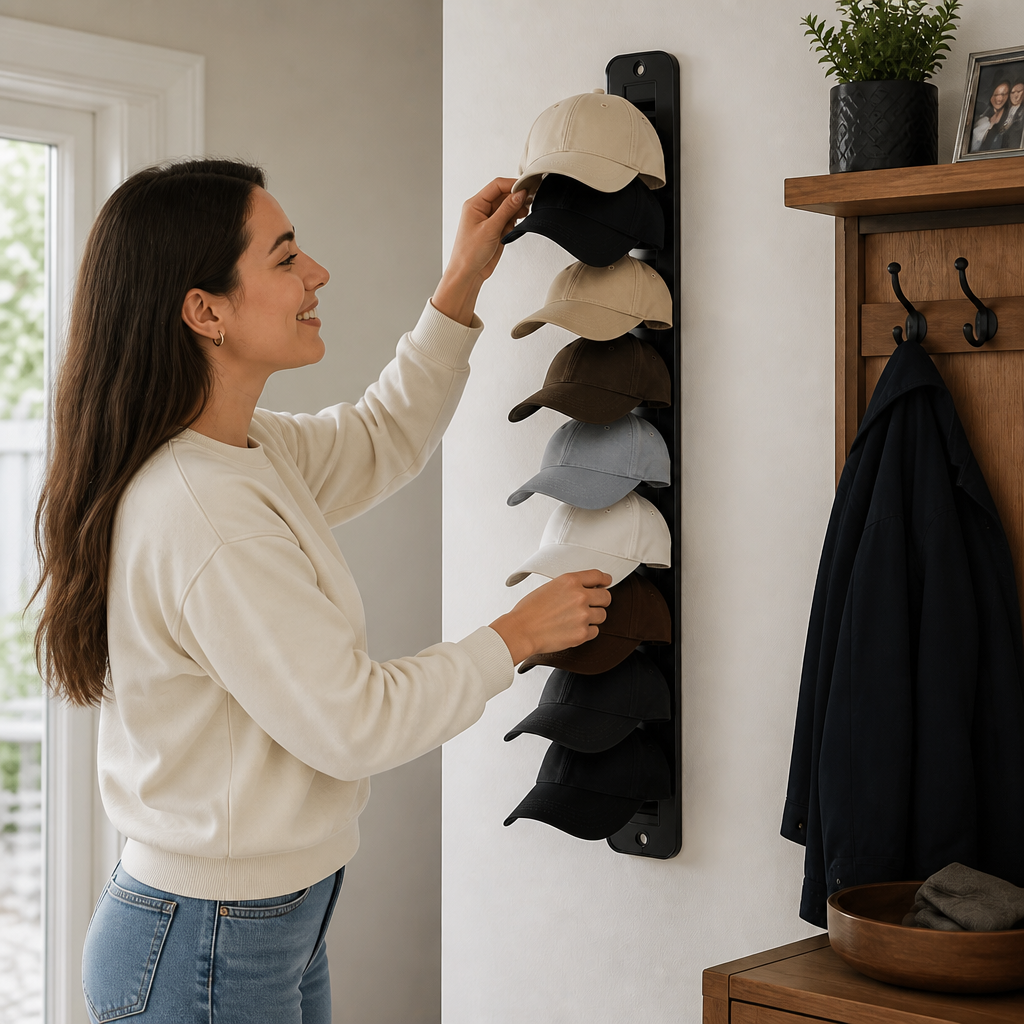 Wall-mounted black hat organizer holding multiple baseball caps neatly in a room