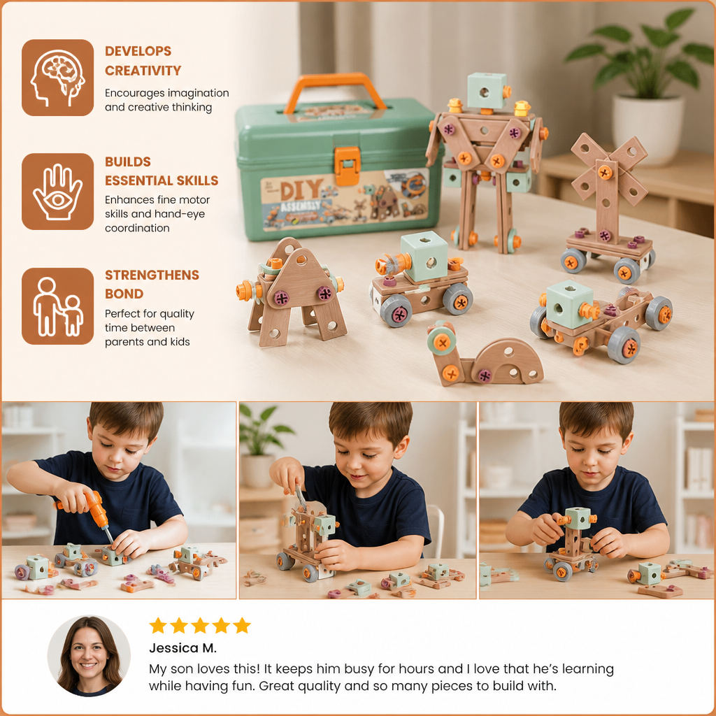 Safe plastic toy drill and screws from a 144-piece children learning tool set