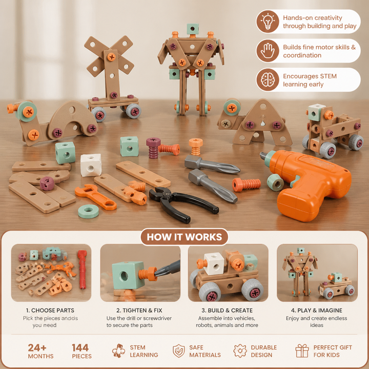 STEM toy tool kit designed to improve fine motor skills and creative play in children