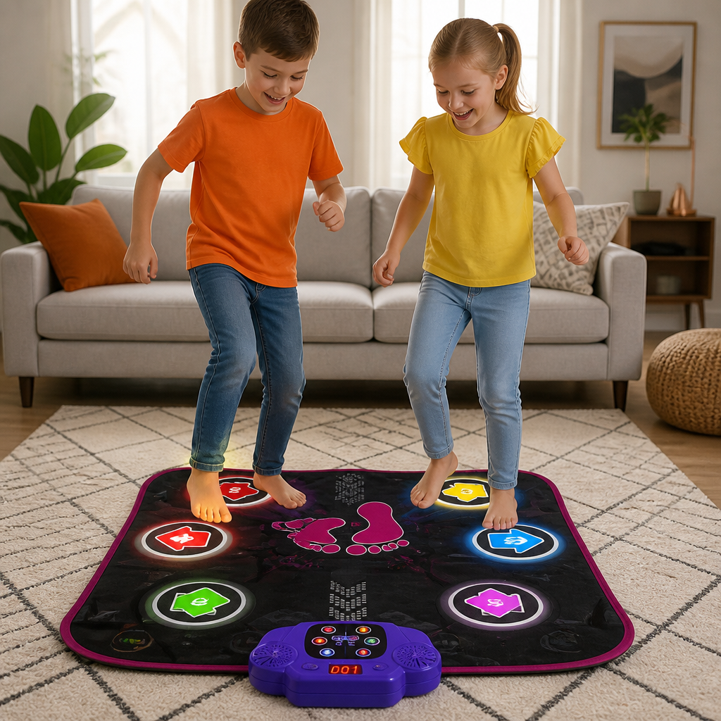 Two children dancing happily on the light-up Bluetooth dance mat in a living room