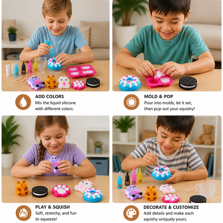 Child enjoying creative play with a colorful DIY squishy making and painting craft kit.