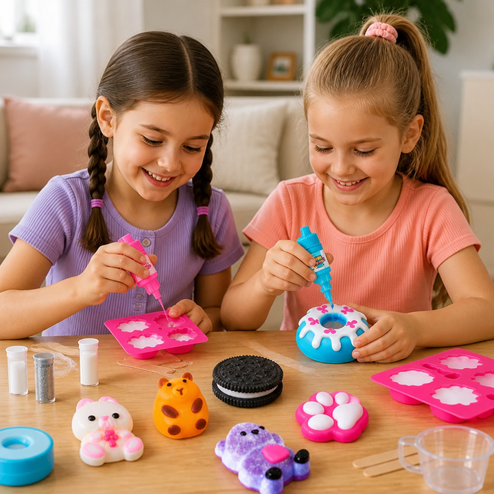 Kids DIY squishy making kit with colorful squishy molds and paints for creative crafting fun.
