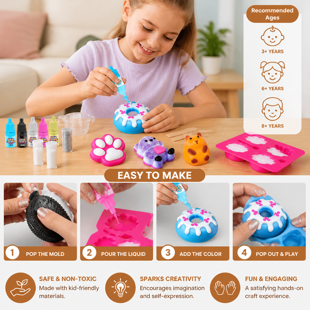 Art supplies and DIY toy components neatly arranged in a creative play set box.