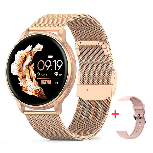 Smartwatch resting on a minimalist surface with interchangeable leather strap