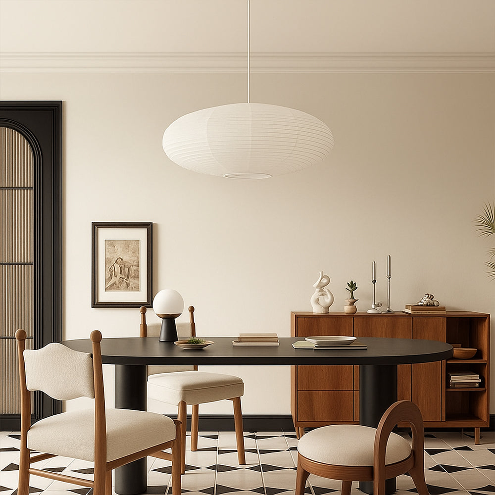 Japanese minimalist wabi-sabi pendant light with paper shade hanging in a dining room