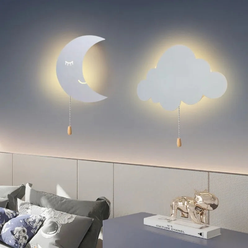 Decorative kids room light shaped like a glowing moon mounted on the wall