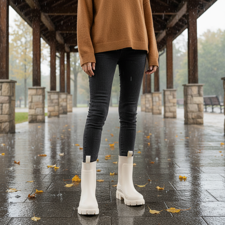 Woman wearing cream waterproof boots outdoors on a rainy path