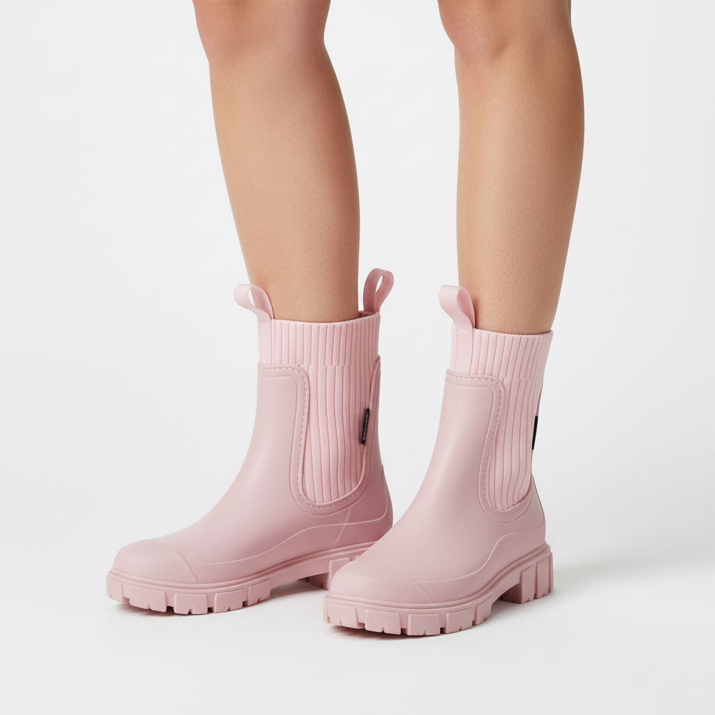 Women's waterproof rain boots in glossy black rubber, ideal for outdoor wear.