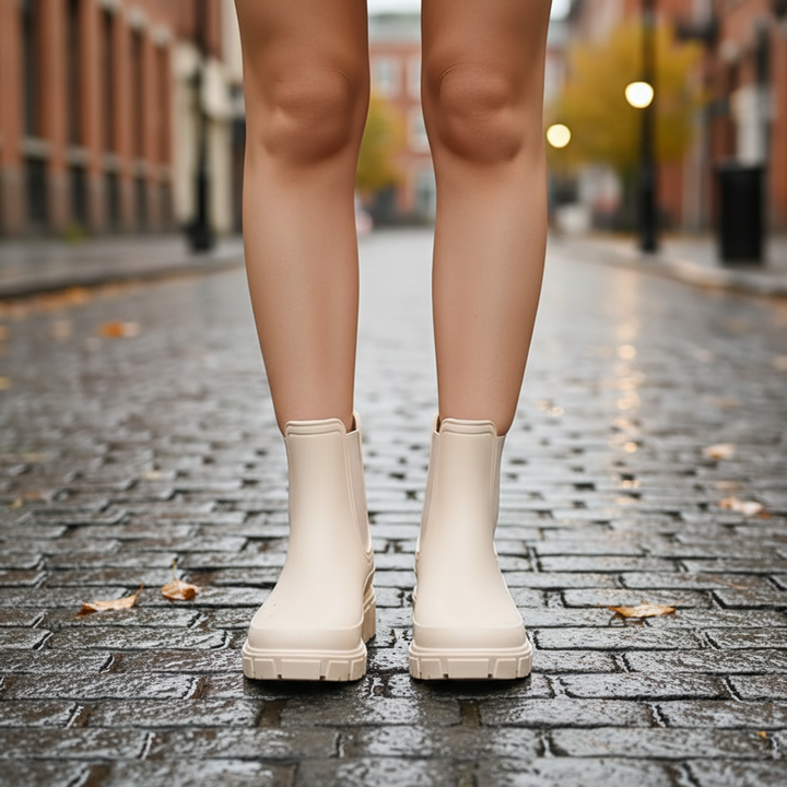 Waterproof women's rain boots Doris in beige worn outdoors on a wet cobblestone street
