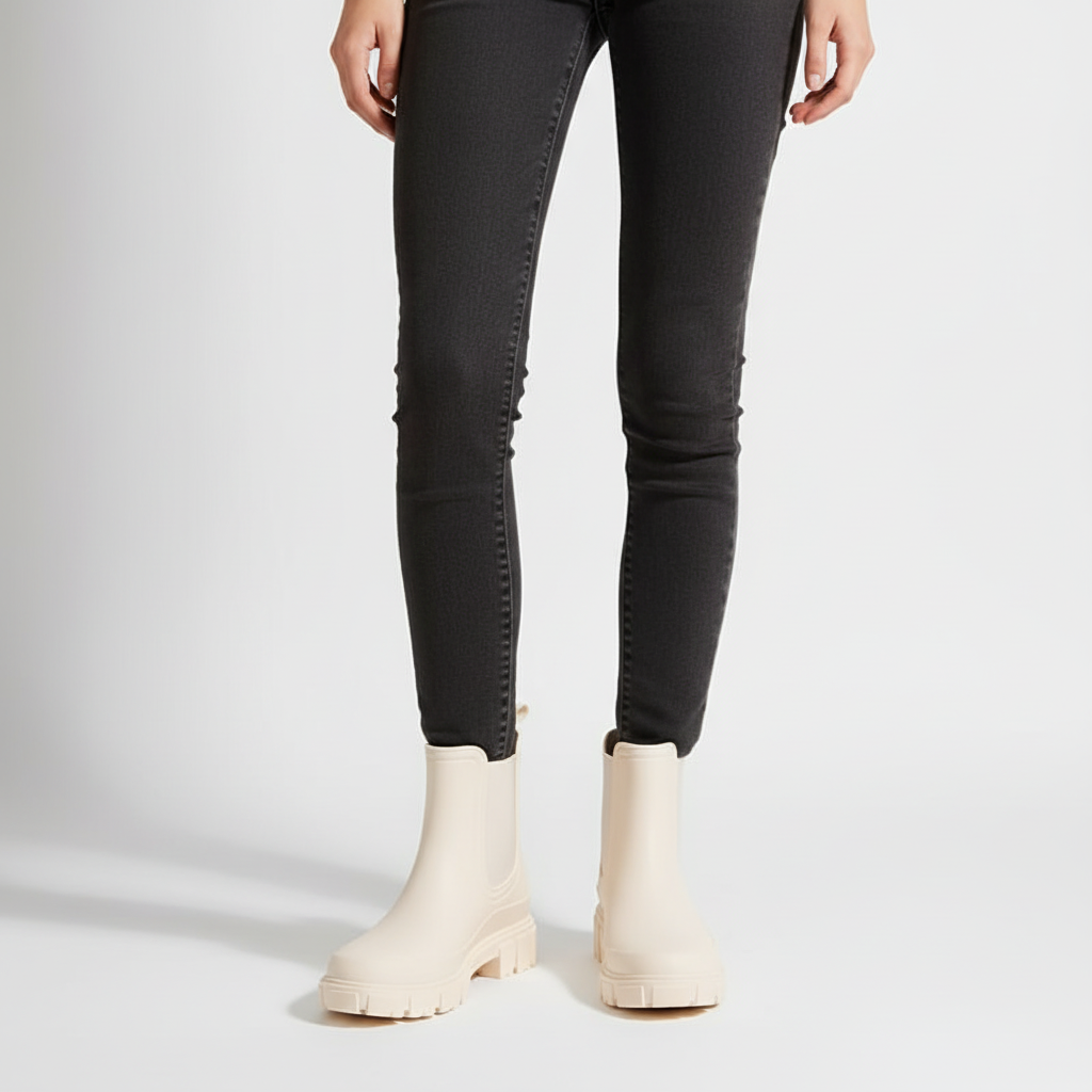 Women's rain boots Doris styled with dark jeans on a light background