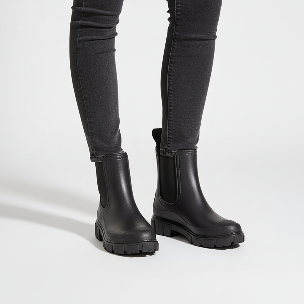 Waterproof women's rain boots in black, side profile view showing treaded rubber sole