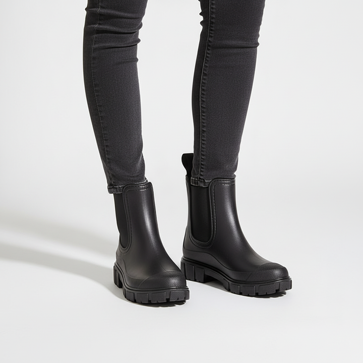 Waterproof women's rain boots in black, side profile view showing treaded rubber sole