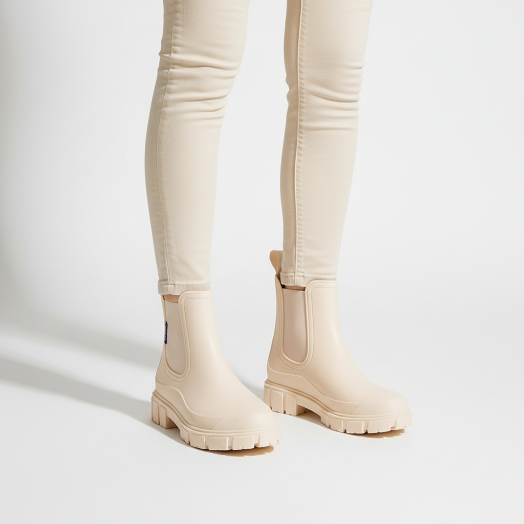 Beige outdoor rain boots for women featuring a slip-on design and durable heel
